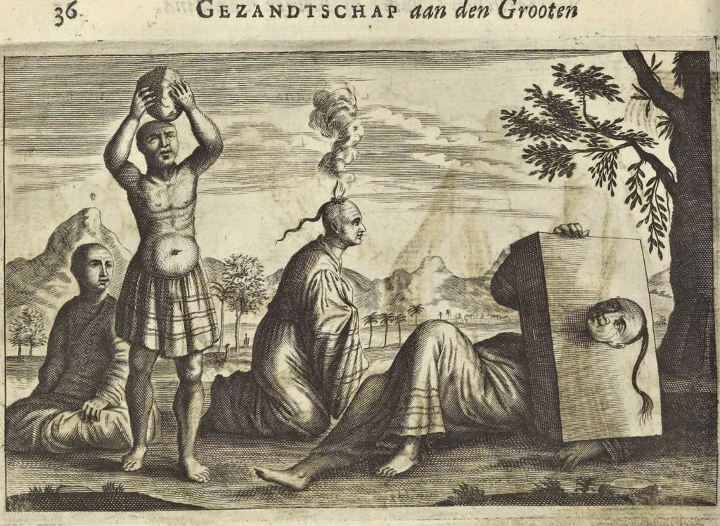 An illustration from Het gezandtschap der Neêrlandtsche Oost-Indische Compagnie, aan den grooten Tartarischen Cham, den tegenwoordigen keizer van China : waar in de gedenkwaerdigste geschiedenissen, die onder het reizen door de Sineesche landtschappen, Quantung, Kiangsi, Nanking, Xantung en Peking, en aan het keizerlyke hof te Peking, zedert den jaare 1655 tot 1657 zyn voorgevallen, op het bondigste verhandelt worden : beneffens een naauwkeurige beschryvinge der Sineesche steden, dorpen, regeering, weetenschappen, handwerken, zeden, godsdiensten, gebouwen, drachten, scheepen, bergen, gewaffen, dieren, &c. en oorlogen tegen de Tarters : verçiert met over de 150 afbeeldtsels, na 't leven in Sina, 1693, leaf 387