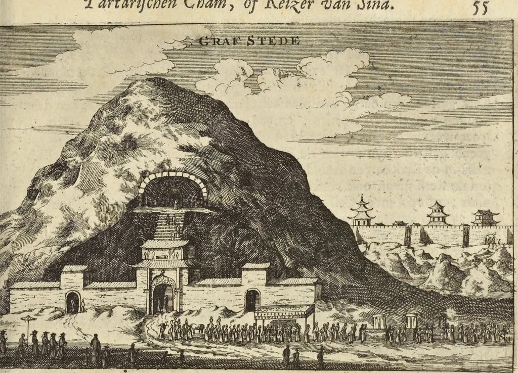 An illustration from Het gezandtschap der Neêrlandtsche Oost-Indische Compagnie, aan den grooten Tartarischen Cham, den tegenwoordigen keizer van China : waar in de gedenkwaerdigste geschiedenissen, die onder het reizen door de Sineesche landtschappen, Quantung, Kiangsi, Nanking, Xantung en Peking, en aan het keizerlyke hof te Peking, zedert den jaare 1655 tot 1657 zyn voorgevallen, op het bondigste verhandelt worden : beneffens een naauwkeurige beschryvinge der Sineesche steden, dorpen, regeering, weetenschappen, handwerken, zeden, godsdiensten, gebouwen, drachten, scheepen, bergen, gewaffen, dieren, &c. en oorlogen tegen de Tarters : verçiert met over de 150 afbeeldtsels, na 't leven in Sina, 1693, leaf 406