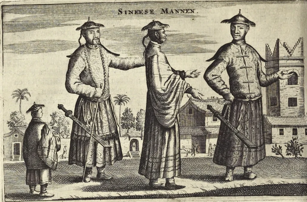 An illustration from Het gezandtschap der Neêrlandtsche Oost-Indische Compagnie, aan den grooten Tartarischen Cham, den tegenwoordigen keizer van China : waar in de gedenkwaerdigste geschiedenissen, die onder het reizen door de Sineesche landtschappen, Quantung, Kiangsi, Nanking, Xantung en Peking, en aan het keizerlyke hof te Peking, zedert den jaare 1655 tot 1657 zyn voorgevallen, op het bondigste verhandelt worden : beneffens een naauwkeurige beschryvinge der Sineesche steden, dorpen, regeering, weetenschappen, handwerken, zeden, godsdiensten, gebouwen, drachten, scheepen, bergen, gewaffen, dieren, &c. en oorlogen tegen de Tarters : verçiert met over de 150 afbeeldtsels, na 't leven in Sina, 1693, leaf 409