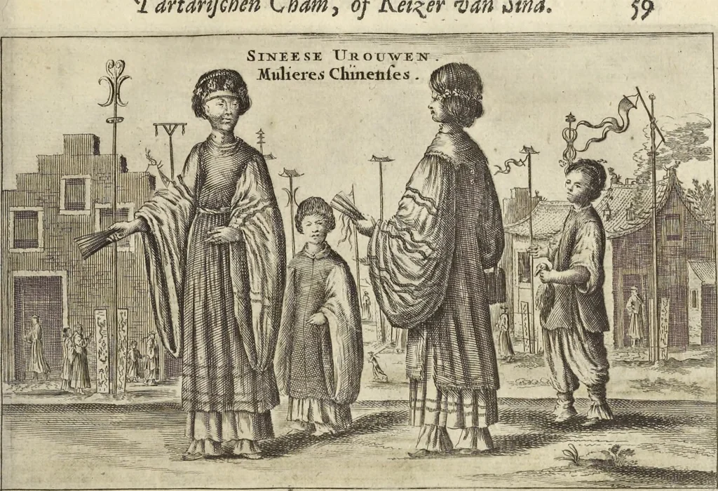 An illustration from Het gezandtschap der Neêrlandtsche Oost-Indische Compagnie, aan den grooten Tartarischen Cham, den tegenwoordigen keizer van China : waar in de gedenkwaerdigste geschiedenissen, die onder het reizen door de Sineesche landtschappen, Quantung, Kiangsi, Nanking, Xantung en Peking, en aan het keizerlyke hof te Peking, zedert den jaare 1655 tot 1657 zyn voorgevallen, op het bondigste verhandelt worden : beneffens een naauwkeurige beschryvinge der Sineesche steden, dorpen, regeering, weetenschappen, handwerken, zeden, godsdiensten, gebouwen, drachten, scheepen, bergen, gewaffen, dieren, &c. en oorlogen tegen de Tarters : verçiert met over de 150 afbeeldtsels, na 't leven in Sina, 1693, leaf 410