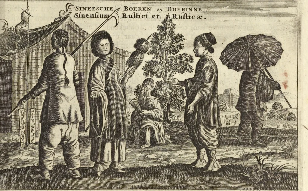 An illustration from Het gezandtschap der Neêrlandtsche Oost-Indische Compagnie, aan den grooten Tartarischen Cham, den tegenwoordigen keizer van China : waar in de gedenkwaerdigste geschiedenissen, die onder het reizen door de Sineesche landtschappen, Quantung, Kiangsi, Nanking, Xantung en Peking, en aan het keizerlyke hof te Peking, zedert den jaare 1655 tot 1657 zyn voorgevallen, op het bondigste verhandelt worden : beneffens een naauwkeurige beschryvinge der Sineesche steden, dorpen, regeering, weetenschappen, handwerken, zeden, godsdiensten, gebouwen, drachten, scheepen, bergen, gewaffen, dieren, &c. en oorlogen tegen de Tarters : verçiert met over de 150 afbeeldtsels, na 't leven in Sina, 1693, leaf 412