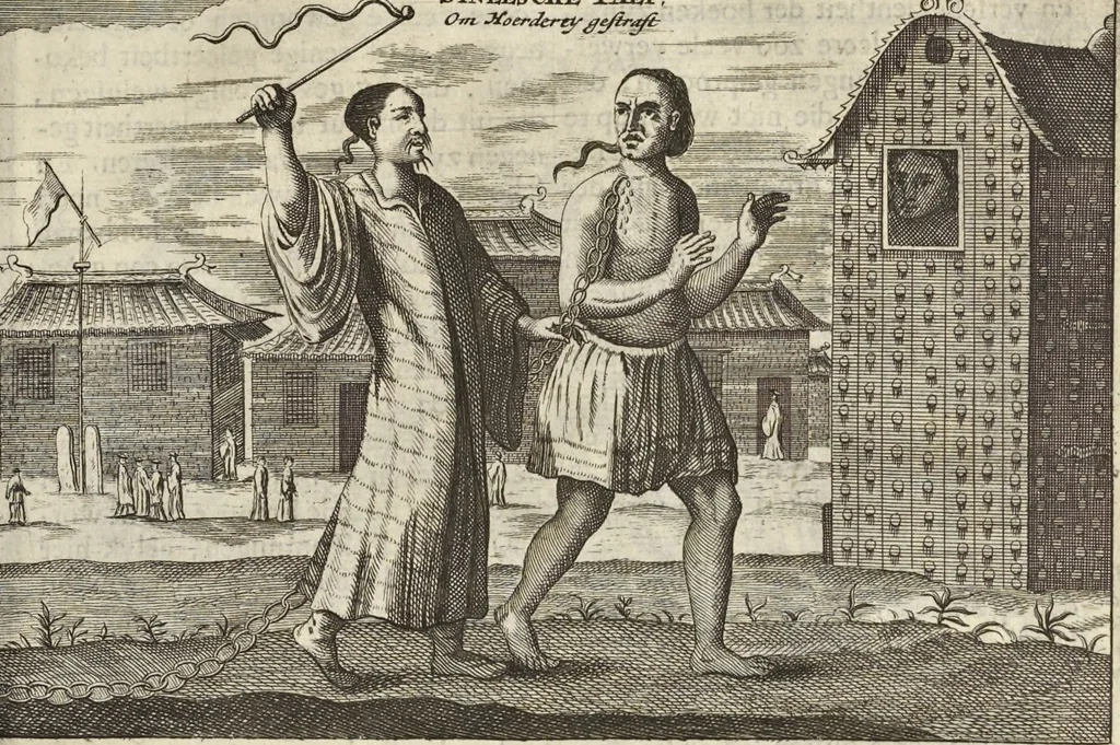 An illustration from Het gezandtschap der Neêrlandtsche Oost-Indische Compagnie, aan den grooten Tartarischen Cham, den tegenwoordigen keizer van China : waar in de gedenkwaerdigste geschiedenissen, die onder het reizen door de Sineesche landtschappen, Quantung, Kiangsi, Nanking, Xantung en Peking, en aan het keizerlyke hof te Peking, zedert den jaare 1655 tot 1657 zyn voorgevallen, op het bondigste verhandelt worden : beneffens een naauwkeurige beschryvinge der Sineesche steden, dorpen, regeering, weetenschappen, handwerken, zeden, godsdiensten, gebouwen, drachten, scheepen, bergen, gewaffen, dieren, &c. en oorlogen tegen de Tarters : verçiert met over de 150 afbeeldtsels, na 't leven in Sina, 1693, leaf 432
