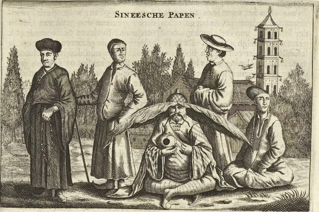 An illustration from Het gezandtschap der Neêrlandtsche Oost-Indische Compagnie, aan den grooten Tartarischen Cham, den tegenwoordigen keizer van China : waar in de gedenkwaerdigste geschiedenissen, die onder het reizen door de Sineesche landtschappen, Quantung, Kiangsi, Nanking, Xantung en Peking, en aan het keizerlyke hof te Peking, zedert den jaare 1655 tot 1657 zyn voorgevallen, op het bondigste verhandelt worden : beneffens een naauwkeurige beschryvinge der Sineesche steden, dorpen, regeering, weetenschappen, handwerken, zeden, godsdiensten, gebouwen, drachten, scheepen, bergen, gewaffen, dieren, &c. en oorlogen tegen de Tarters : verçiert met over de 150 afbeeldtsels, na 't leven in Sina, 1693, leaf 434
