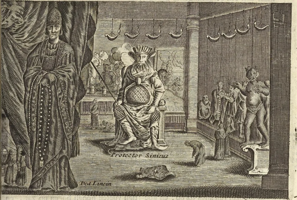 An illustration from Het gezandtschap der Neêrlandtsche Oost-Indische Compagnie, aan den grooten Tartarischen Cham, den tegenwoordigen keizer van China : waar in de gedenkwaerdigste geschiedenissen, die onder het reizen door de Sineesche landtschappen, Quantung, Kiangsi, Nanking, Xantung en Peking, en aan het keizerlyke hof te Peking, zedert den jaare 1655 tot 1657 zyn voorgevallen, op het bondigste verhandelt worden : beneffens een naauwkeurige beschryvinge der Sineesche steden, dorpen, regeering, weetenschappen, handwerken, zeden, godsdiensten, gebouwen, drachten, scheepen, bergen, gewaffen, dieren, &c. en oorlogen tegen de Tarters : verçiert met over de 150 afbeeldtsels, na 't leven in Sina, 1693, leaf 438