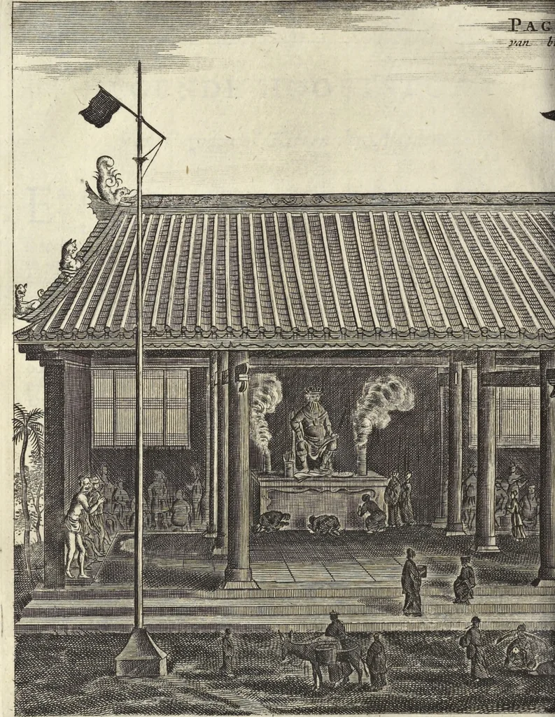 An illustration from Het gezandtschap der Neêrlandtsche Oost-Indische Compagnie, aan den grooten Tartarischen Cham, den tegenwoordigen keizer van China : waar in de gedenkwaerdigste geschiedenissen, die onder het reizen door de Sineesche landtschappen, Quantung, Kiangsi, Nanking, Xantung en Peking, en aan het keizerlyke hof te Peking, zedert den jaare 1655 tot 1657 zyn voorgevallen, op het bondigste verhandelt worden : beneffens een naauwkeurige beschryvinge der Sineesche steden, dorpen, regeering, weetenschappen, handwerken, zeden, godsdiensten, gebouwen, drachten, scheepen, bergen, gewaffen, dieren, &c. en oorlogen tegen de Tarters : verçiert met over de 150 afbeeldtsels, na 't leven in Sina, 1693, leaf 441