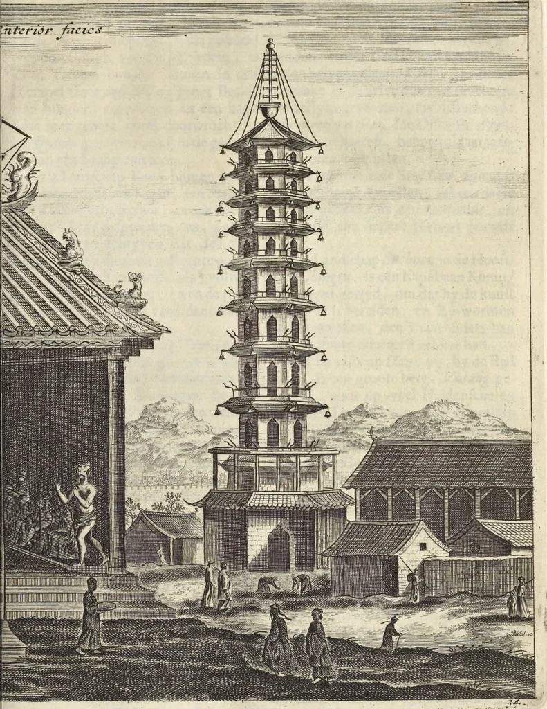An illustration from Het gezandtschap der Neêrlandtsche Oost-Indische Compagnie, aan den grooten Tartarischen Cham, den tegenwoordigen keizer van China : waar in de gedenkwaerdigste geschiedenissen, die onder het reizen door de Sineesche landtschappen, Quantung, Kiangsi, Nanking, Xantung en Peking, en aan het keizerlyke hof te Peking, zedert den jaare 1655 tot 1657 zyn voorgevallen, op het bondigste verhandelt worden : beneffens een naauwkeurige beschryvinge der Sineesche steden, dorpen, regeering, weetenschappen, handwerken, zeden, godsdiensten, gebouwen, drachten, scheepen, bergen, gewaffen, dieren, &c. en oorlogen tegen de Tarters : verçiert met over de 150 afbeeldtsels, na 't leven in Sina, 1693, leaf 442
