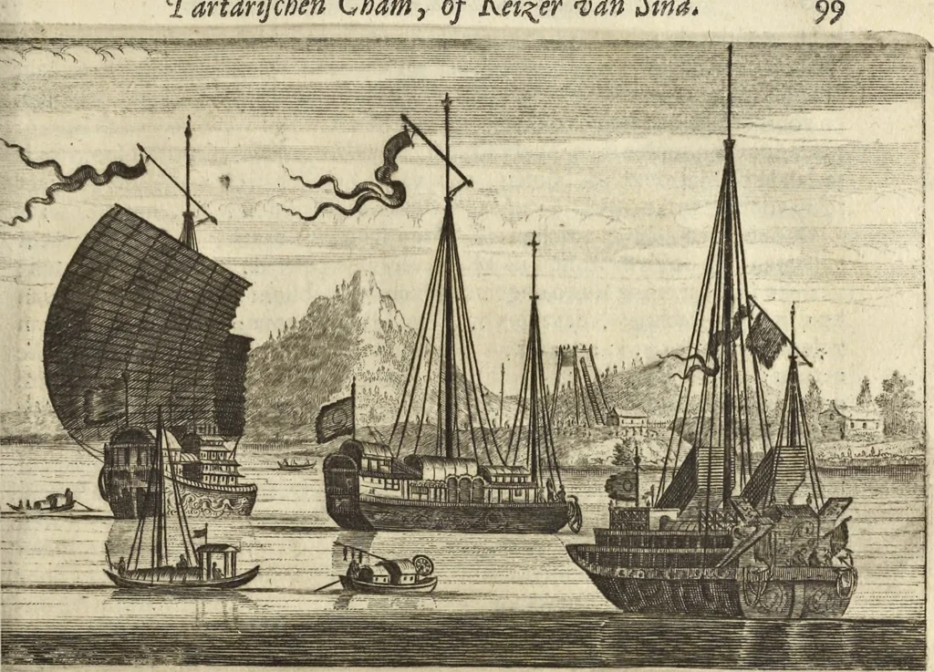 An illustration from Het gezandtschap der Neêrlandtsche Oost-Indische Compagnie, aan den grooten Tartarischen Cham, den tegenwoordigen keizer van China : waar in de gedenkwaerdigste geschiedenissen, die onder het reizen door de Sineesche landtschappen, Quantung, Kiangsi, Nanking, Xantung en Peking, en aan het keizerlyke hof te Peking, zedert den jaare 1655 tot 1657 zyn voorgevallen, op het bondigste verhandelt worden : beneffens een naauwkeurige beschryvinge der Sineesche steden, dorpen, regeering, weetenschappen, handwerken, zeden, godsdiensten, gebouwen, drachten, scheepen, bergen, gewaffen, dieren, &c. en oorlogen tegen de Tarters : verçiert met over de 150 afbeeldtsels, na 't leven in Sina, 1693, leaf 454
