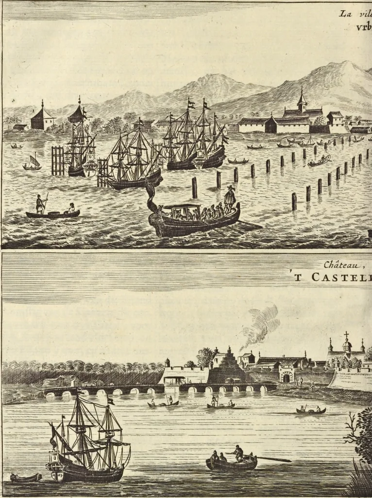 An illustration from Het gezandtschap der Neêrlandtsche Oost-Indische Compagnie, aan den grooten Tartarischen Cham, den tegenwoordigen keizer van China : waar in de gedenkwaerdigste geschiedenissen, die onder het reizen door de Sineesche landtschappen, Quantung, Kiangsi, Nanking, Xantung en Peking, en aan het keizerlyke hof te Peking, zedert den jaare 1655 tot 1657 zyn voorgevallen, op het bondigste verhandelt worden : beneffens een naauwkeurige beschryvinge der Sineesche steden, dorpen, regeering, weetenschappen, handwerken, zeden, godsdiensten, gebouwen, drachten, scheepen, bergen, gewaffen, dieren, &c. en oorlogen tegen de Tarters : verçiert met over de 150 afbeeldtsels, na 't leven in Sina, 1693, leaf 49