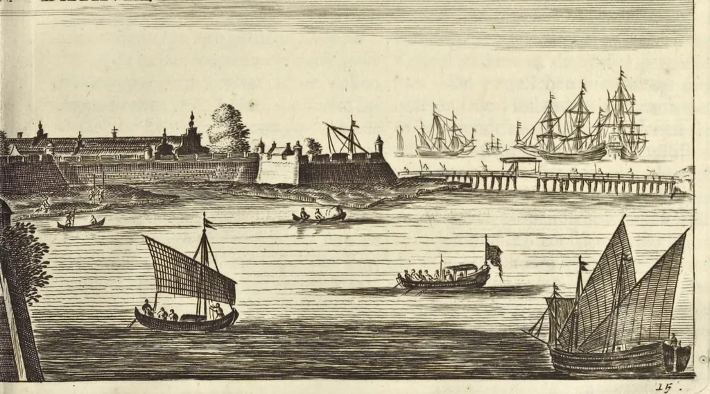 An illustration from Het gezandtschap der Neêrlandtsche Oost-Indische Compagnie, aan den grooten Tartarischen Cham, den tegenwoordigen keizer van China : waar in de gedenkwaerdigste geschiedenissen, die onder het reizen door de Sineesche landtschappen, Quantung, Kiangsi, Nanking, Xantung en Peking, en aan het keizerlyke hof te Peking, zedert den jaare 1655 tot 1657 zyn voorgevallen, op het bondigste verhandelt worden : beneffens een naauwkeurige beschryvinge der Sineesche steden, dorpen, regeering, weetenschappen, handwerken, zeden, godsdiensten, gebouwen, drachten, scheepen, bergen, gewaffen, dieren, &c. en oorlogen tegen de Tarters : verçiert met over de 150 afbeeldtsels, na 't leven in Sina, 1693, leaf 50
