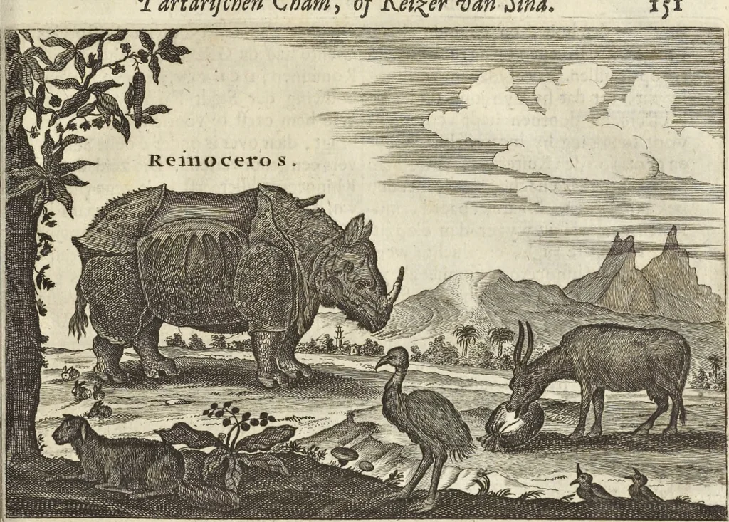 An illustration from Het gezandtschap der Neêrlandtsche Oost-Indische Compagnie, aan den grooten Tartarischen Cham, den tegenwoordigen keizer van China : waar in de gedenkwaerdigste geschiedenissen, die onder het reizen door de Sineesche landtschappen, Quantung, Kiangsi, Nanking, Xantung en Peking, en aan het keizerlyke hof te Peking, zedert den jaare 1655 tot 1657 zyn voorgevallen, op het bondigste verhandelt worden : beneffens een naauwkeurige beschryvinge der Sineesche steden, dorpen, regeering, weetenschappen, handwerken, zeden, godsdiensten, gebouwen, drachten, scheepen, bergen, gewaffen, dieren, &c. en oorlogen tegen de Tarters : verçiert met over de 150 afbeeldtsels, na 't leven in Sina, 1693, leaf 510