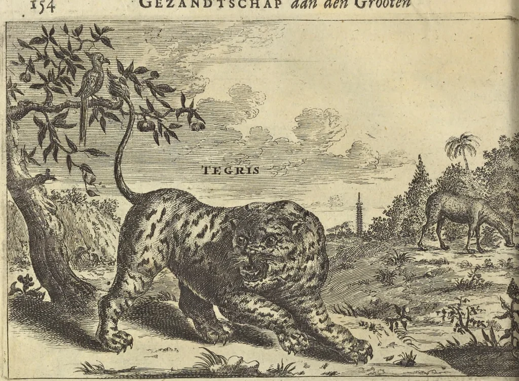 An illustration from Het gezandtschap der Neêrlandtsche Oost-Indische Compagnie, aan den grooten Tartarischen Cham, den tegenwoordigen keizer van China : waar in de gedenkwaerdigste geschiedenissen, die onder het reizen door de Sineesche landtschappen, Quantung, Kiangsi, Nanking, Xantung en Peking, en aan het keizerlyke hof te Peking, zedert den jaare 1655 tot 1657 zyn voorgevallen, op het bondigste verhandelt worden : beneffens een naauwkeurige beschryvinge der Sineesche steden, dorpen, regeering, weetenschappen, handwerken, zeden, godsdiensten, gebouwen, drachten, scheepen, bergen, gewaffen, dieren, &c. en oorlogen tegen de Tarters : verçiert met over de 150 afbeeldtsels, na 't leven in Sina, 1693, leaf 513