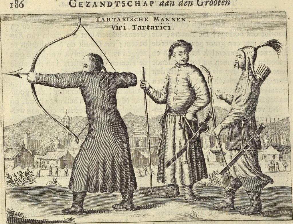 An illustration from Het gezandtschap der Neêrlandtsche Oost-Indische Compagnie, aan den grooten Tartarischen Cham, den tegenwoordigen keizer van China : waar in de gedenkwaerdigste geschiedenissen, die onder het reizen door de Sineesche landtschappen, Quantung, Kiangsi, Nanking, Xantung en Peking, en aan het keizerlyke hof te Peking, zedert den jaare 1655 tot 1657 zyn voorgevallen, op het bondigste verhandelt worden : beneffens een naauwkeurige beschryvinge der Sineesche steden, dorpen, regeering, weetenschappen, handwerken, zeden, godsdiensten, gebouwen, drachten, scheepen, bergen, gewaffen, dieren, &c. en oorlogen tegen de Tarters : verçiert met over de 150 afbeeldtsels, na 't leven in Sina, 1693, leaf 545