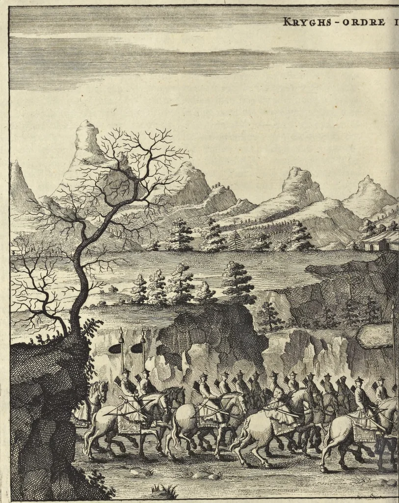 An illustration from Het gezandtschap der Neêrlandtsche Oost-Indische Compagnie, aan den grooten Tartarischen Cham, den tegenwoordigen keizer van China : waar in de gedenkwaerdigste geschiedenissen, die onder het reizen door de Sineesche landtschappen, Quantung, Kiangsi, Nanking, Xantung en Peking, en aan het keizerlyke hof te Peking, zedert den jaare 1655 tot 1657 zyn voorgevallen, op het bondigste verhandelt worden : beneffens een naauwkeurige beschryvinge der Sineesche steden, dorpen, regeering, weetenschappen, handwerken, zeden, godsdiensten, gebouwen, drachten, scheepen, bergen, gewaffen, dieren, &c. en oorlogen tegen de Tarters : verçiert met over de 150 afbeeldtsels, na 't leven in Sina, 1693, leaf 549