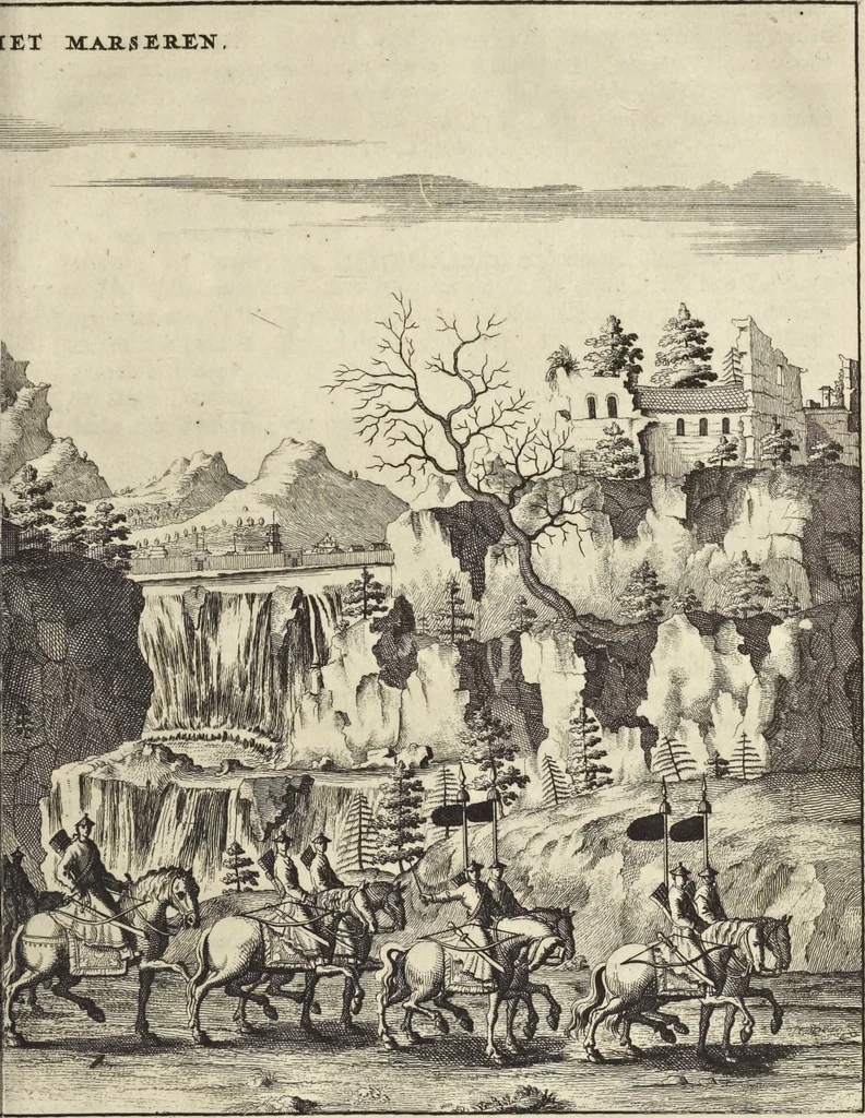 An illustration from Het gezandtschap der Neêrlandtsche Oost-Indische Compagnie, aan den grooten Tartarischen Cham, den tegenwoordigen keizer van China : waar in de gedenkwaerdigste geschiedenissen, die onder het reizen door de Sineesche landtschappen, Quantung, Kiangsi, Nanking, Xantung en Peking, en aan het keizerlyke hof te Peking, zedert den jaare 1655 tot 1657 zyn voorgevallen, op het bondigste verhandelt worden : beneffens een naauwkeurige beschryvinge der Sineesche steden, dorpen, regeering, weetenschappen, handwerken, zeden, godsdiensten, gebouwen, drachten, scheepen, bergen, gewaffen, dieren, &c. en oorlogen tegen de Tarters : verçiert met over de 150 afbeeldtsels, na 't leven in Sina, 1693, leaf 550