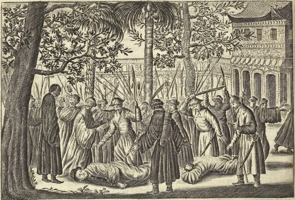 An illustration from Het gezandtschap der Neêrlandtsche Oost-Indische Compagnie, aan den grooten Tartarischen Cham, den tegenwoordigen keizer van China : waar in de gedenkwaerdigste geschiedenissen, die onder het reizen door de Sineesche landtschappen, Quantung, Kiangsi, Nanking, Xantung en Peking, en aan het keizerlyke hof te Peking, zedert den jaare 1655 tot 1657 zyn voorgevallen, op het bondigste verhandelt worden : beneffens een naauwkeurige beschryvinge der Sineesche steden, dorpen, regeering, weetenschappen, handwerken, zeden, godsdiensten, gebouwen, drachten, scheepen, bergen, gewaffen, dieren, &c. en oorlogen tegen de Tarters : verçiert met over de 150 afbeeldtsels, na 't leven in Sina, 1693, leaf 583
