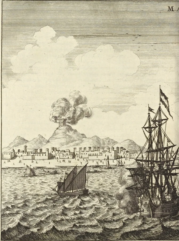 An illustration from Het gezandtschap der Neêrlandtsche Oost-Indische Compagnie, aan den grooten Tartarischen Cham, den tegenwoordigen keizer van China : waar in de gedenkwaerdigste geschiedenissen, die onder het reizen door de Sineesche landtschappen, Quantung, Kiangsi, Nanking, Xantung en Peking, en aan het keizerlyke hof te Peking, zedert den jaare 1655 tot 1657 zyn voorgevallen, op het bondigste verhandelt worden : beneffens een naauwkeurige beschryvinge der Sineesche steden, dorpen, regeering, weetenschappen, handwerken, zeden, godsdiensten, gebouwen, drachten, scheepen, bergen, gewaffen, dieren, &c. en oorlogen tegen de Tarters : verçiert met over de 150 afbeeldtsels, na 't leven in Sina, 1693, leaf 59