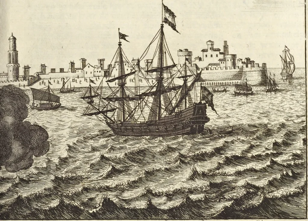 An illustration from Het gezandtschap der Neêrlandtsche Oost-Indische Compagnie, aan den grooten Tartarischen Cham, den tegenwoordigen keizer van China : waar in de gedenkwaerdigste geschiedenissen, die onder het reizen door de Sineesche landtschappen, Quantung, Kiangsi, Nanking, Xantung en Peking, en aan het keizerlyke hof te Peking, zedert den jaare 1655 tot 1657 zyn voorgevallen, op het bondigste verhandelt worden : beneffens een naauwkeurige beschryvinge der Sineesche steden, dorpen, regeering, weetenschappen, handwerken, zeden, godsdiensten, gebouwen, drachten, scheepen, bergen, gewaffen, dieren, &c. en oorlogen tegen de Tarters : verçiert met over de 150 afbeeldtsels, na 't leven in Sina, 1693, leaf 60