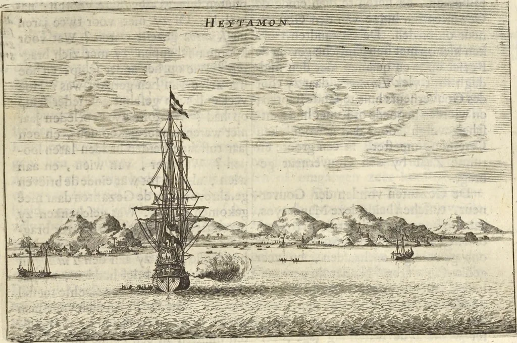 An illustration from Het gezandtschap der Neêrlandtsche Oost-Indische Compagnie, aan den grooten Tartarischen Cham, den tegenwoordigen keizer van China : waar in de gedenkwaerdigste geschiedenissen, die onder het reizen door de Sineesche landtschappen, Quantung, Kiangsi, Nanking, Xantung en Peking, en aan het keizerlyke hof te Peking, zedert den jaare 1655 tot 1657 zyn voorgevallen, op het bondigste verhandelt worden : beneffens een naauwkeurige beschryvinge der Sineesche steden, dorpen, regeering, weetenschappen, handwerken, zeden, godsdiensten, gebouwen, drachten, scheepen, bergen, gewaffen, dieren, &c. en oorlogen tegen de Tarters : verçiert met over de 150 afbeeldtsels, na 't leven in Sina, 1693, leaf 62