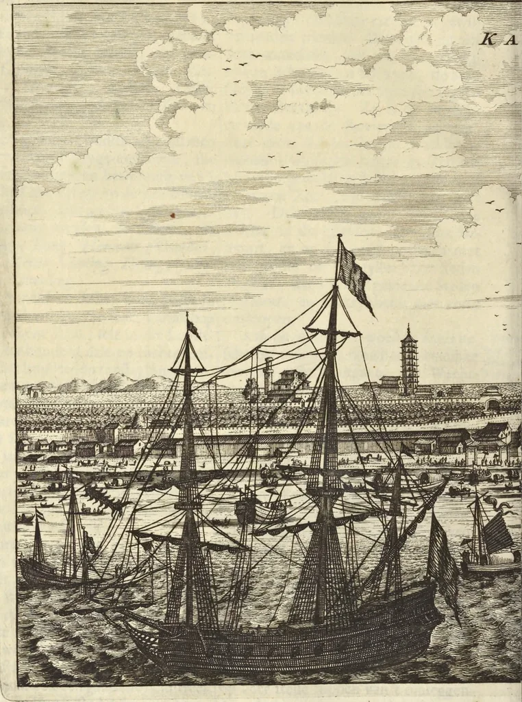An illustration from Het gezandtschap der Neêrlandtsche Oost-Indische Compagnie, aan den grooten Tartarischen Cham, den tegenwoordigen keizer van China : waar in de gedenkwaerdigste geschiedenissen, die onder het reizen door de Sineesche landtschappen, Quantung, Kiangsi, Nanking, Xantung en Peking, en aan het keizerlyke hof te Peking, zedert den jaare 1655 tot 1657 zyn voorgevallen, op het bondigste verhandelt worden : beneffens een naauwkeurige beschryvinge der Sineesche steden, dorpen, regeering, weetenschappen, handwerken, zeden, godsdiensten, gebouwen, drachten, scheepen, bergen, gewaffen, dieren, &c. en oorlogen tegen de Tarters : verçiert met over de 150 afbeeldtsels, na 't leven in Sina, 1693, leaf 69