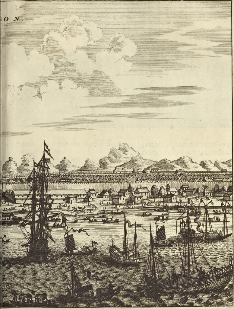 An illustration from Het gezandtschap der Neêrlandtsche Oost-Indische Compagnie, aan den grooten Tartarischen Cham, den tegenwoordigen keizer van China : waar in de gedenkwaerdigste geschiedenissen, die onder het reizen door de Sineesche landtschappen, Quantung, Kiangsi, Nanking, Xantung en Peking, en aan het keizerlyke hof te Peking, zedert den jaare 1655 tot 1657 zyn voorgevallen, op het bondigste verhandelt worden : beneffens een naauwkeurige beschryvinge der Sineesche steden, dorpen, regeering, weetenschappen, handwerken, zeden, godsdiensten, gebouwen, drachten, scheepen, bergen, gewaffen, dieren, &c. en oorlogen tegen de Tarters : verçiert met over de 150 afbeeldtsels, na 't leven in Sina, 1693, leaf 70