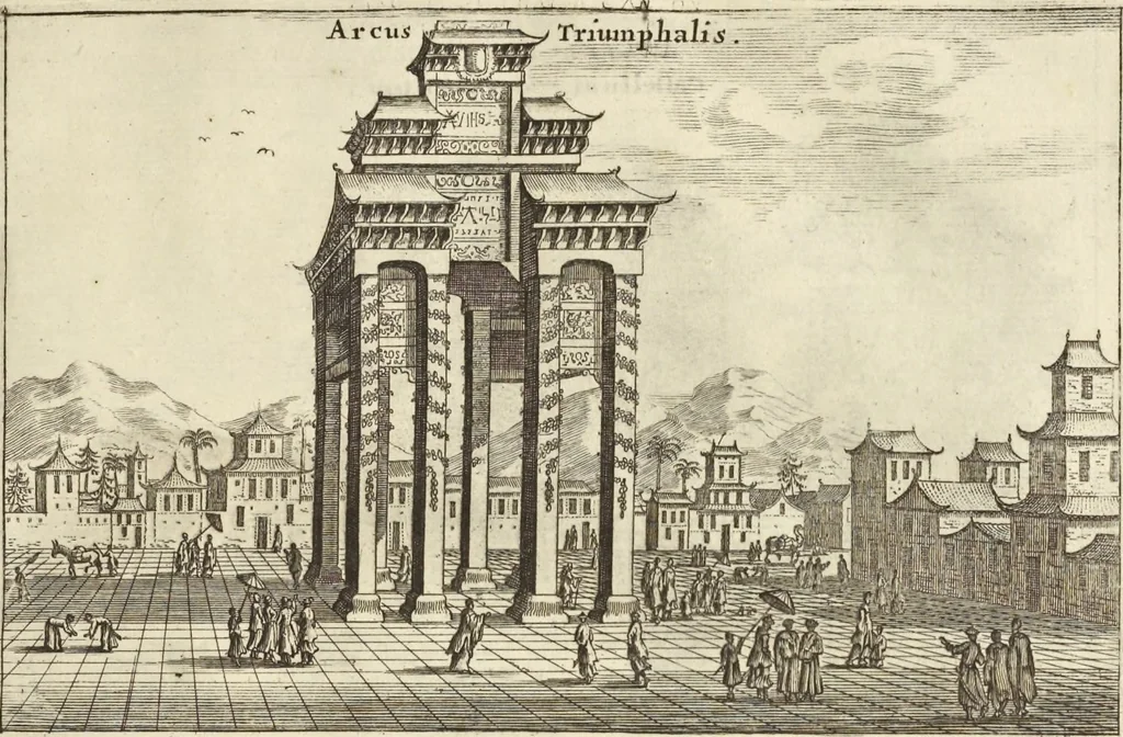An illustration from Het gezandtschap der Neêrlandtsche Oost-Indische Compagnie, aan den grooten Tartarischen Cham, den tegenwoordigen keizer van China : waar in de gedenkwaerdigste geschiedenissen, die onder het reizen door de Sineesche landtschappen, Quantung, Kiangsi, Nanking, Xantung en Peking, en aan het keizerlyke hof te Peking, zedert den jaare 1655 tot 1657 zyn voorgevallen, op het bondigste verhandelt worden : beneffens een naauwkeurige beschryvinge der Sineesche steden, dorpen, regeering, weetenschappen, handwerken, zeden, godsdiensten, gebouwen, drachten, scheepen, bergen, gewaffen, dieren, &c. en oorlogen tegen de Tarters : verçiert met over de 150 afbeeldtsels, na 't leven in Sina, 1693, leaf 72