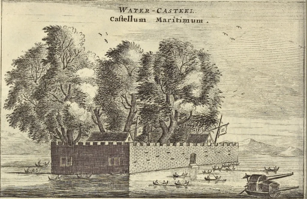 An illustration from Het gezandtschap der Neêrlandtsche Oost-Indische Compagnie, aan den grooten Tartarischen Cham, den tegenwoordigen keizer van China : waar in de gedenkwaerdigste geschiedenissen, die onder het reizen door de Sineesche landtschappen, Quantung, Kiangsi, Nanking, Xantung en Peking, en aan het keizerlyke hof te Peking, zedert den jaare 1655 tot 1657 zyn voorgevallen, op het bondigste verhandelt worden : beneffens een naauwkeurige beschryvinge der Sineesche steden, dorpen, regeering, weetenschappen, handwerken, zeden, godsdiensten, gebouwen, drachten, scheepen, bergen, gewaffen, dieren, &c. en oorlogen tegen de Tarters : verçiert met over de 150 afbeeldtsels, na 't leven in Sina, 1693, leaf 73