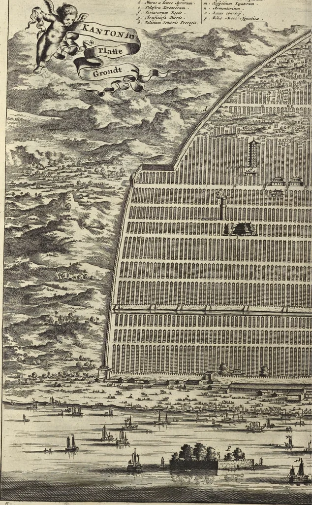 An illustration from Het gezandtschap der Neêrlandtsche Oost-Indische Compagnie, aan den grooten Tartarischen Cham, den tegenwoordigen keizer van China : waar in de gedenkwaerdigste geschiedenissen, die onder het reizen door de Sineesche landtschappen, Quantung, Kiangsi, Nanking, Xantung en Peking, en aan het keizerlyke hof te Peking, zedert den jaare 1655 tot 1657 zyn voorgevallen, op het bondigste verhandelt worden : beneffens een naauwkeurige beschryvinge der Sineesche steden, dorpen, regeering, weetenschappen, handwerken, zeden, godsdiensten, gebouwen, drachten, scheepen, bergen, gewaffen, dieren, &c. en oorlogen tegen de Tarters : verçiert met over de 150 afbeeldtsels, na 't leven in Sina, 1693, leaf 75
