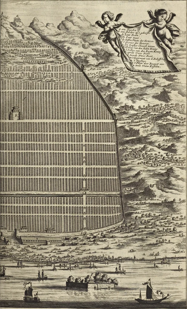 An illustration from Het gezandtschap der Neêrlandtsche Oost-Indische Compagnie, aan den grooten Tartarischen Cham, den tegenwoordigen keizer van China : waar in de gedenkwaerdigste geschiedenissen, die onder het reizen door de Sineesche landtschappen, Quantung, Kiangsi, Nanking, Xantung en Peking, en aan het keizerlyke hof te Peking, zedert den jaare 1655 tot 1657 zyn voorgevallen, op het bondigste verhandelt worden : beneffens een naauwkeurige beschryvinge der Sineesche steden, dorpen, regeering, weetenschappen, handwerken, zeden, godsdiensten, gebouwen, drachten, scheepen, bergen, gewaffen, dieren, &c. en oorlogen tegen de Tarters : verçiert met over de 150 afbeeldtsels, na 't leven in Sina, 1693, leaf 76