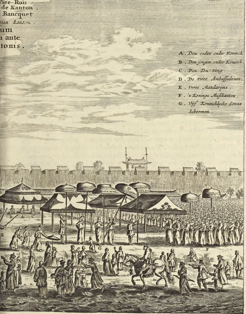 An illustration from Het gezandtschap der Neêrlandtsche Oost-Indische Compagnie, aan den grooten Tartarischen Cham, den tegenwoordigen keizer van China : waar in de gedenkwaerdigste geschiedenissen, die onder het reizen door de Sineesche landtschappen, Quantung, Kiangsi, Nanking, Xantung en Peking, en aan het keizerlyke hof te Peking, zedert den jaare 1655 tot 1657 zyn voorgevallen, op het bondigste verhandelt worden : beneffens een naauwkeurige beschryvinge der Sineesche steden, dorpen, regeering, weetenschappen, handwerken, zeden, godsdiensten, gebouwen, drachten, scheepen, bergen, gewaffen, dieren, &c. en oorlogen tegen de Tarters : verçiert met over de 150 afbeeldtsels, na 't leven in Sina, 1693, leaf 82