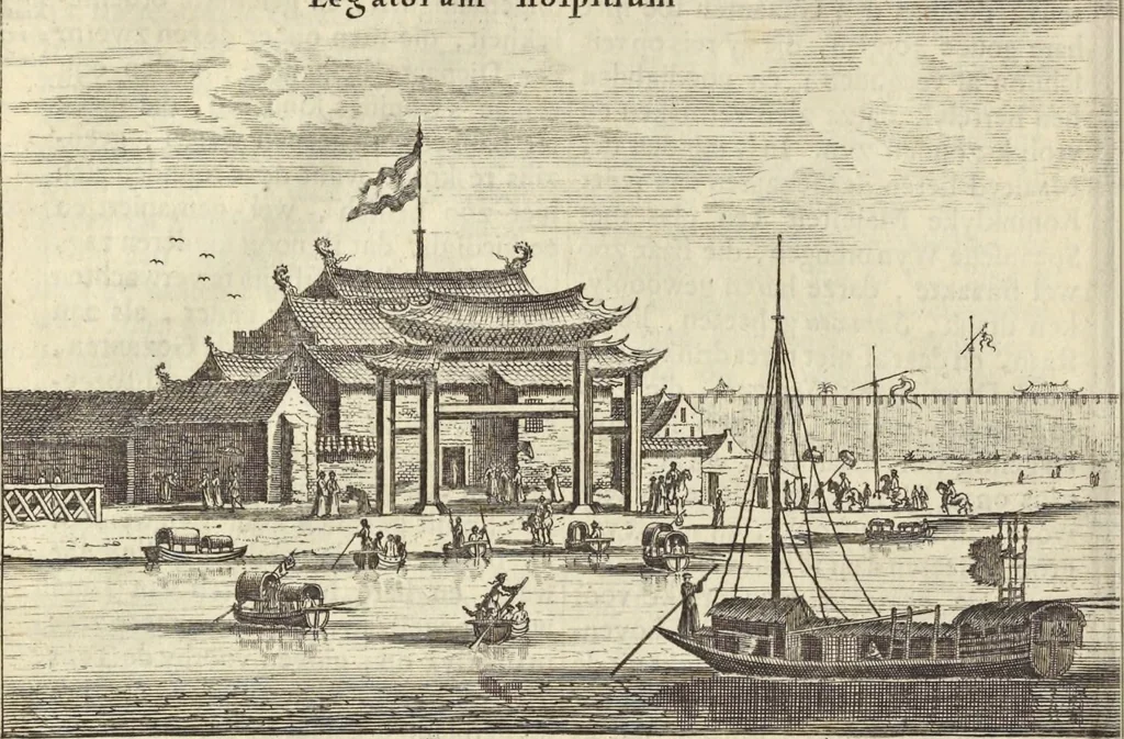 An illustration from Het gezandtschap der Neêrlandtsche Oost-Indische Compagnie, aan den grooten Tartarischen Cham, den tegenwoordigen keizer van China : waar in de gedenkwaerdigste geschiedenissen, die onder het reizen door de Sineesche landtschappen, Quantung, Kiangsi, Nanking, Xantung en Peking, en aan het keizerlyke hof te Peking, zedert den jaare 1655 tot 1657 zyn voorgevallen, op het bondigste verhandelt worden : beneffens een naauwkeurige beschryvinge der Sineesche steden, dorpen, regeering, weetenschappen, handwerken, zeden, godsdiensten, gebouwen, drachten, scheepen, bergen, gewaffen, dieren, &c. en oorlogen tegen de Tarters : verçiert met over de 150 afbeeldtsels, na 't leven in Sina, 1693, leaf 87