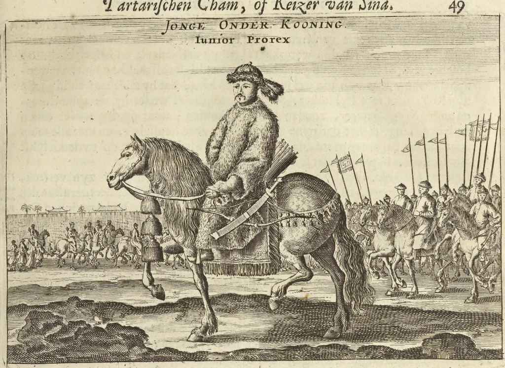 An illustration from Het gezandtschap der Neêrlandtsche Oost-Indische Compagnie, aan den grooten Tartarischen Cham, den tegenwoordigen keizer van China : waar in de gedenkwaerdigste geschiedenissen, die onder het reizen door de Sineesche landtschappen, Quantung, Kiangsi, Nanking, Xantung en Peking, en aan het keizerlyke hof te Peking, zedert den jaare 1655 tot 1657 zyn voorgevallen, op het bondigste verhandelt worden : beneffens een naauwkeurige beschryvinge der Sineesche steden, dorpen, regeering, weetenschappen, handwerken, zeden, godsdiensten, gebouwen, drachten, scheepen, bergen, gewaffen, dieren, &c. en oorlogen tegen de Tarters : verçiert met over de 150 afbeeldtsels, na 't leven in Sina, 1693, leaf 88