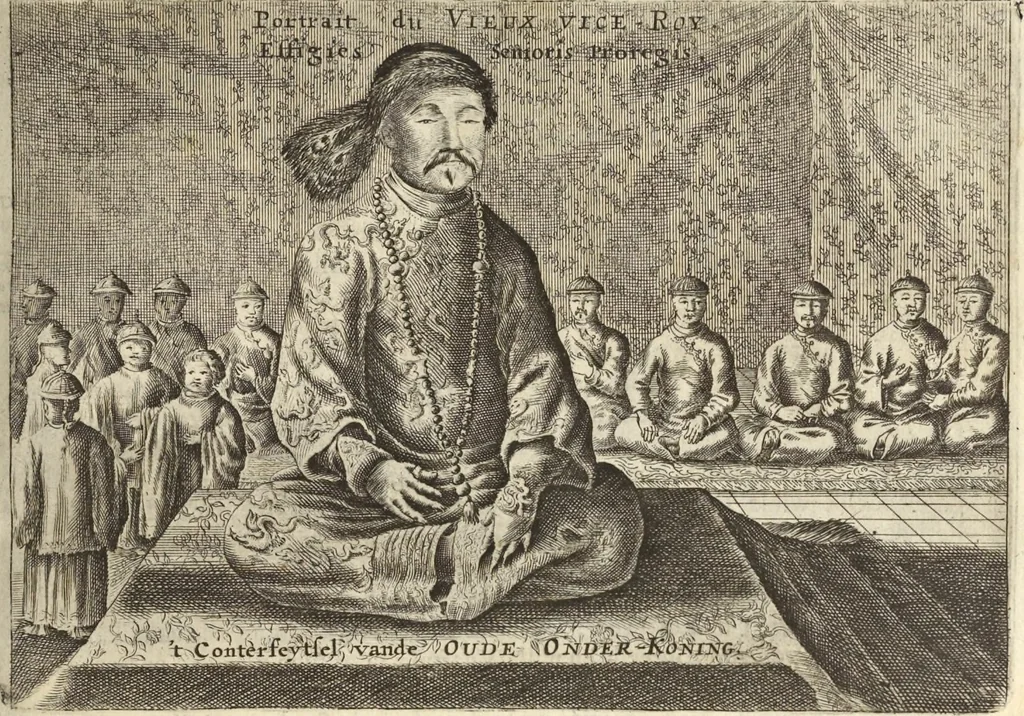 An illustration from Het gezandtschap der Neêrlandtsche Oost-Indische Compagnie, aan den grooten Tartarischen Cham, den tegenwoordigen keizer van China : waar in de gedenkwaerdigste geschiedenissen, die onder het reizen door de Sineesche landtschappen, Quantung, Kiangsi, Nanking, Xantung en Peking, en aan het keizerlyke hof te Peking, zedert den jaare 1655 tot 1657 zyn voorgevallen, op het bondigste verhandelt worden : beneffens een naauwkeurige beschryvinge der Sineesche steden, dorpen, regeering, weetenschappen, handwerken, zeden, godsdiensten, gebouwen, drachten, scheepen, bergen, gewaffen, dieren, &c. en oorlogen tegen de Tarters : verçiert met over de 150 afbeeldtsels, na 't leven in Sina, 1693, leaf 92