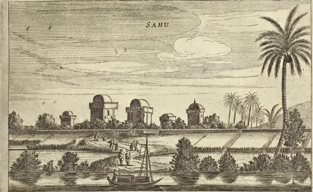 An illustration from Het gezandtschap der Neêrlandtsche Oost-Indische Compagnie, aan den grooten Tartarischen Cham, den tegenwoordigen keizer van China : waar in de gedenkwaerdigste geschiedenissen, die onder het reizen door de Sineesche landtschappen, Quantung, Kiangsi, Nanking, Xantung en Peking, en aan het keizerlyke hof te Peking, zedert den jaare 1655 tot 1657 zyn voorgevallen, op het bondigste verhandelt worden : beneffens een naauwkeurige beschryvinge der Sineesche steden, dorpen, regeering, weetenschappen, handwerken, zeden, godsdiensten, gebouwen, drachten, scheepen, bergen, gewaffen, dieren, &c. en oorlogen tegen de Tarters : verçiert met over de 150 afbeeldtsels, na 't leven in Sina, 1693, leaf 94