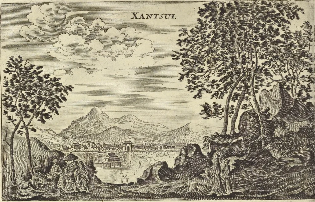 An illustration from Het gezandtschap der Neêrlandtsche Oost-Indische Compagnie, aan den grooten Tartarischen Cham, den tegenwoordigen keizer van China : waar in de gedenkwaerdigste geschiedenissen, die onder het reizen door de Sineesche landtschappen, Quantung, Kiangsi, Nanking, Xantung en Peking, en aan het keizerlyke hof te Peking, zedert den jaare 1655 tot 1657 zyn voorgevallen, op het bondigste verhandelt worden : beneffens een naauwkeurige beschryvinge der Sineesche steden, dorpen, regeering, weetenschappen, handwerken, zeden, godsdiensten, gebouwen, drachten, scheepen, bergen, gewaffen, dieren, &c. en oorlogen tegen de Tarters : verçiert met over de 150 afbeeldtsels, na 't leven in Sina, 1693, leaf 95