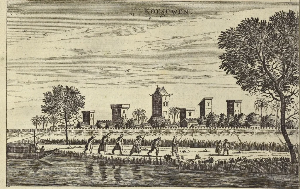 An illustration from Het gezandtschap der Neêrlandtsche Oost-Indische Compagnie, aan den grooten Tartarischen Cham, den tegenwoordigen keizer van China : waar in de gedenkwaerdigste geschiedenissen, die onder het reizen door de Sineesche landtschappen, Quantung, Kiangsi, Nanking, Xantung en Peking, en aan het keizerlyke hof te Peking, zedert den jaare 1655 tot 1657 zyn voorgevallen, op het bondigste verhandelt worden : beneffens een naauwkeurige beschryvinge der Sineesche steden, dorpen, regeering, weetenschappen, handwerken, zeden, godsdiensten, gebouwen, drachten, scheepen, bergen, gewaffen, dieren, &c. en oorlogen tegen de Tarters : verçiert met over de 150 afbeeldtsels, na 't leven in Sina, 1693, leaf 97