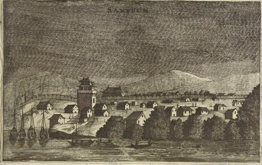 An illustration from Het gezandtschap der Neêrlandtsche Oost-Indische Compagnie, aan den grooten Tartarischen Cham, den tegenwoordigen keizer van China : waar in de gedenkwaerdigste geschiedenissen, die onder het reizen door de Sineesche landtschappen, Quantung, Kiangsi, Nanking, Xantung en Peking, en aan het keizerlyke hof te Peking, zedert den jaare 1655 tot 1657 zyn voorgevallen, op het bondigste verhandelt worden : beneffens een naauwkeurige beschryvinge der Sineesche steden, dorpen, regeering, weetenschappen, handwerken, zeden, godsdiensten, gebouwen, drachten, scheepen, bergen, gewaffen, dieren, &c. en oorlogen tegen de Tarters : verçiert met over de 150 afbeeldtsels, na 't leven in Sina, 1693, leaf 98