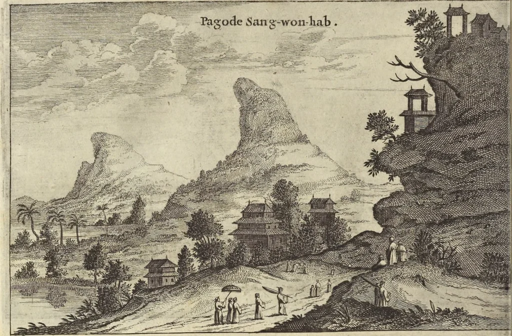 An illustration from Het gezandtschap der Neêrlandtsche Oost-Indische Compagnie, aan den grooten Tartarischen Cham, den tegenwoordigen keizer van China : waar in de gedenkwaerdigste geschiedenissen, die onder het reizen door de Sineesche landtschappen, Quantung, Kiangsi, Nanking, Xantung en Peking, en aan het keizerlyke hof te Peking, zedert den jaare 1655 tot 1657 zyn voorgevallen, op het bondigste verhandelt worden : beneffens een naauwkeurige beschryvinge der Sineesche steden, dorpen, regeering, weetenschappen, handwerken, zeden, godsdiensten, gebouwen, drachten, scheepen, bergen, gewaffen, dieren, &c. en oorlogen tegen de Tarters : verçiert met over de 150 afbeeldtsels, na 't leven in Sina, 1693, leaf 99