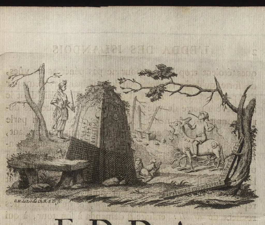 An illustration from Monumens de la mythologie et de la poesie des Celtes et particulierement des anciens Scandinaves : pour servir de supplement et de preuves a l'Introduction a l'histoire de Dannemarc, 1756, leaf 38