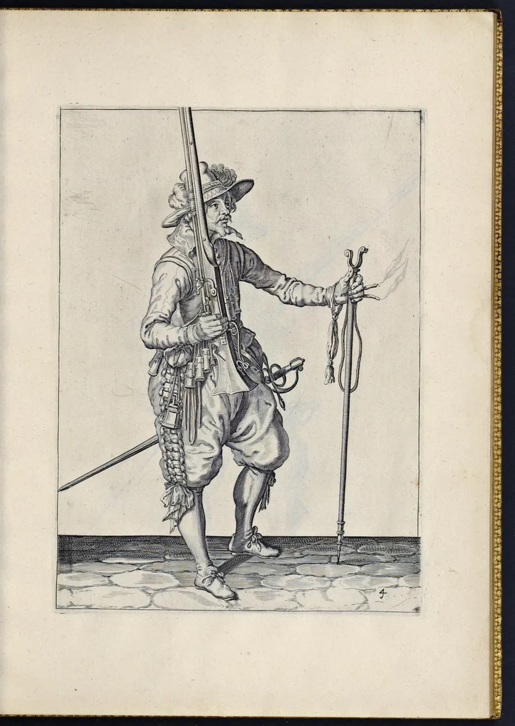 An illustration from Maniement d'armes, d'arqvebuses, mousqvetz, et piqves. En conformite de l'ordre de monseigneur le prince Maurice, prince d'Orange .., 1608, leaf 92