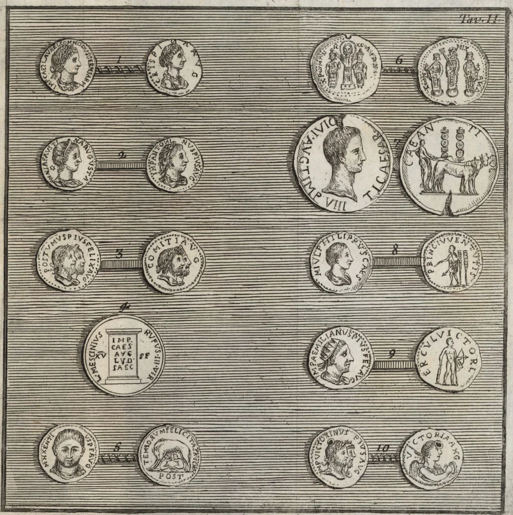 An illustration from Istituzione antiquario-numismatica, o sia, Introduzione allo studio delle antiche medaglie, in due libri proposta, 1772, leaf 530