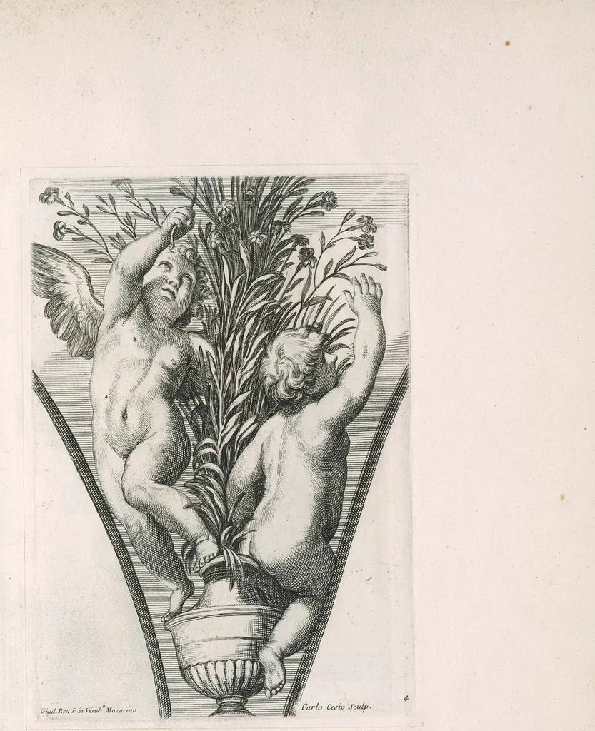 An illustration from Angoli dipinti a fresco da Guido Reni nella loggia contigua al giardino del palazzo dell' ecc.mo sig.r duca Mazarino nel monte Quirinale, 1696, leaf 12