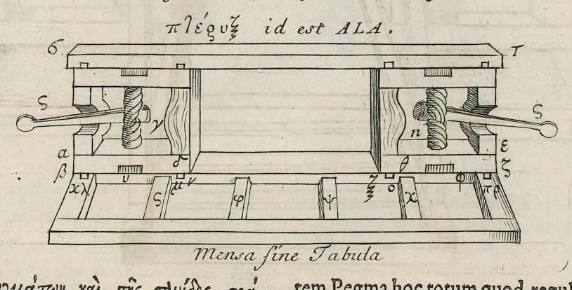 An illustration from Veterum mathematicorum Athenæi, Apollodori, Philonis, Bitonis, Heronis, et aliorum opera, Græce et Latine, pleraque nunc primum edita, 1693, leaf 154