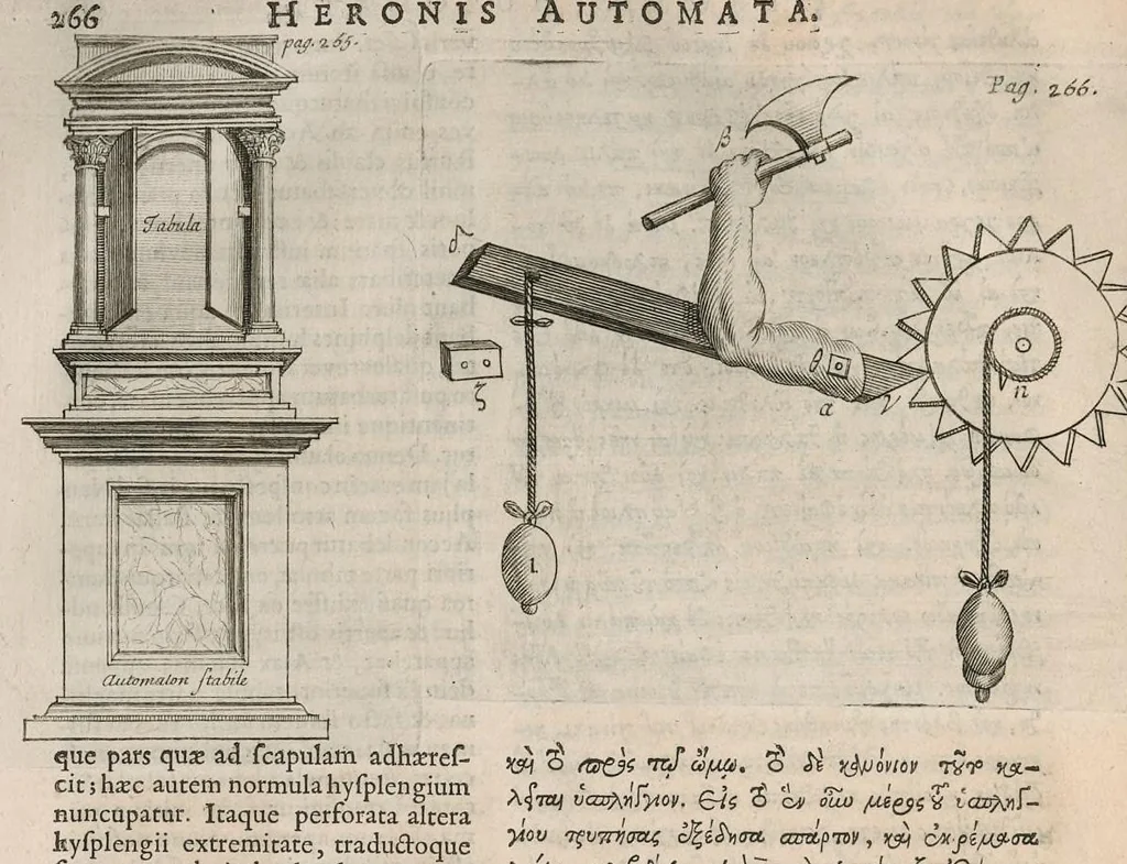 An illustration from Veterum mathematicorum Athenæi, Apollodori, Philonis, Bitonis, Heronis, et aliorum opera, Græce et Latine, pleraque nunc primum edita, 1693, leaf 285