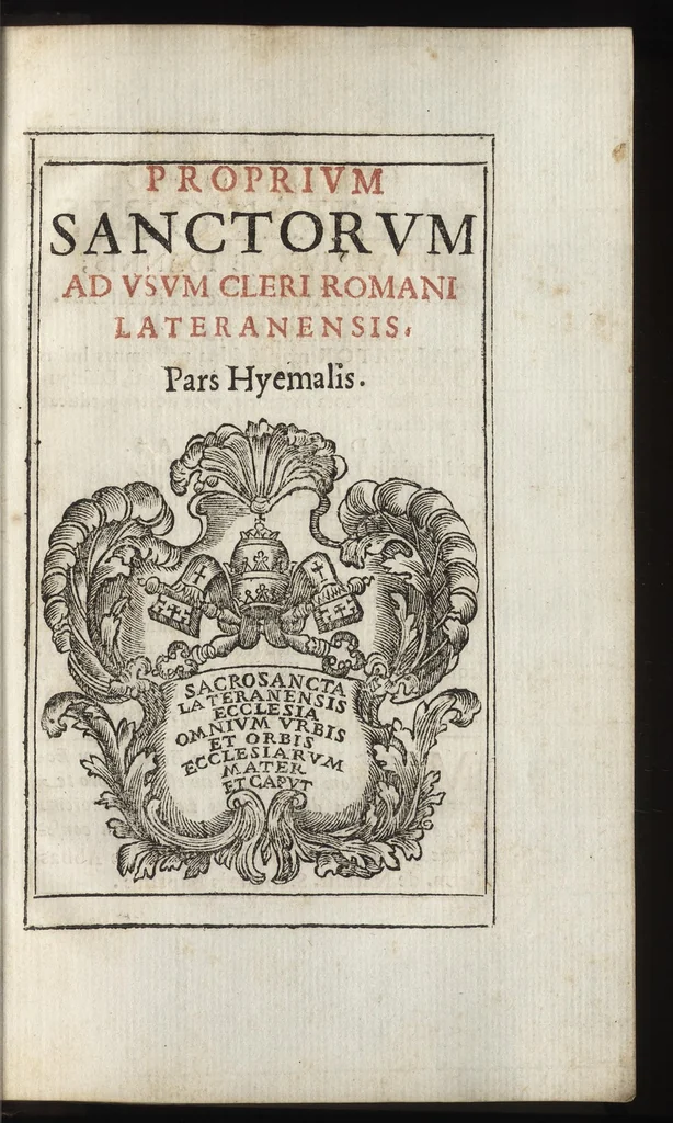 An illustration from Proprium sanctorum Romanorum et aliorum pro sacrosanta Romana cathedrali ecclesia Lateranensi : a Sac. rit. congregatione approbatum : ad commodiorem vsum, in quatuor anni partes distributum, 1690, leaf 36