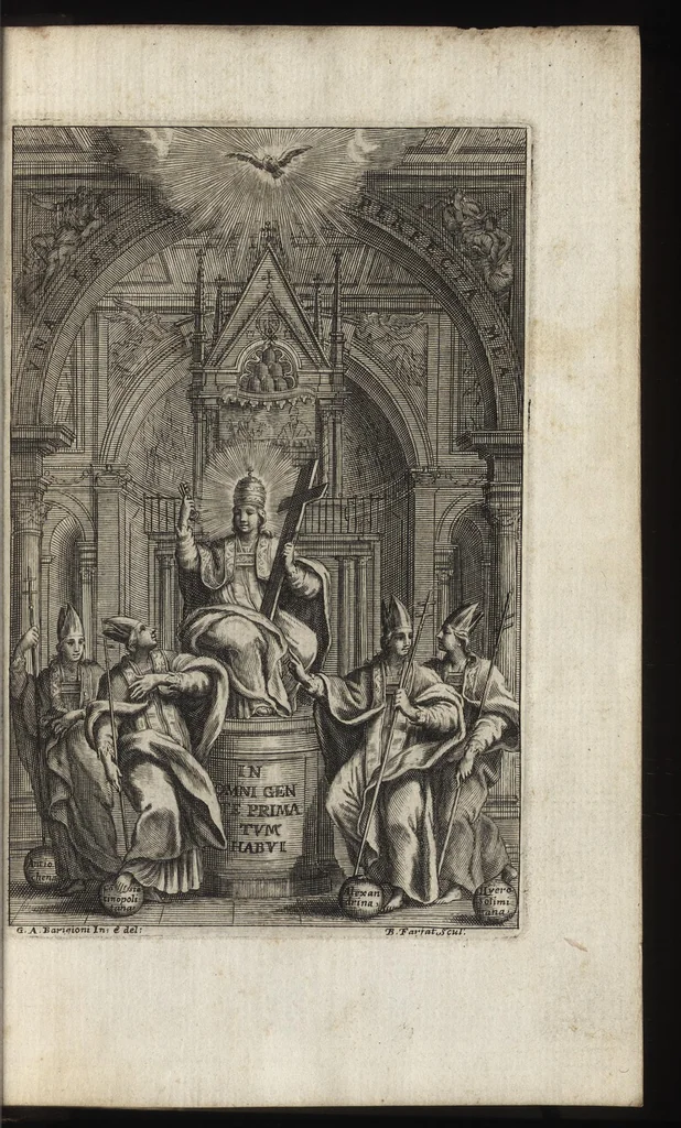 An illustration from Proprium sanctorum Romanorum et aliorum pro sacrosanta Romana cathedrali ecclesia Lateranensi : a Sac. rit. congregatione approbatum : ad commodiorem vsum, in quatuor anni partes distributum, 1690, leaf 6