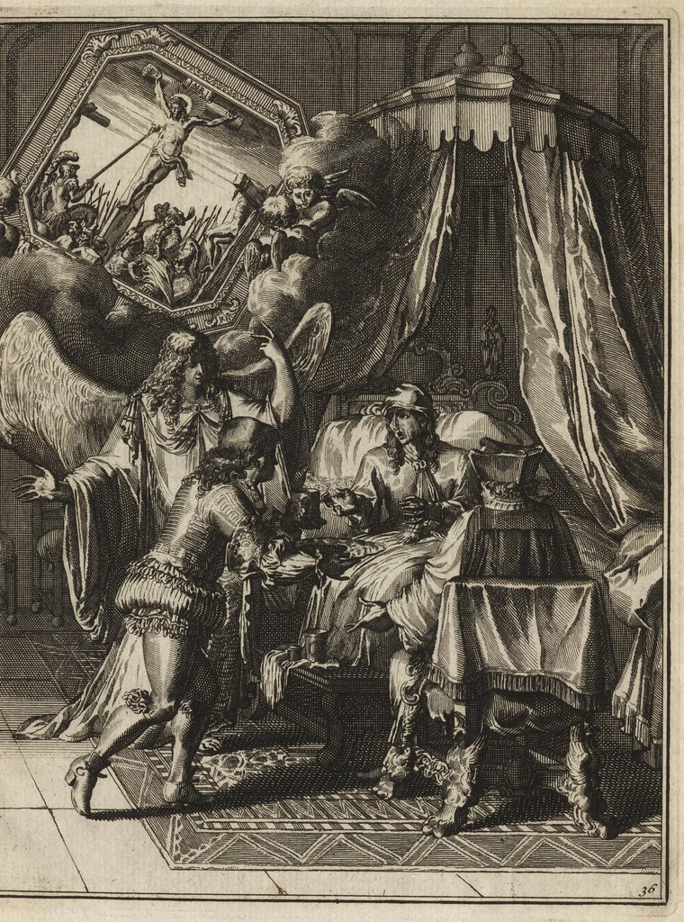 An illustration from Spiegel om wel te sterven : aanwyzende met prentverbeeldingen van het lyden onzes zaligmakers Jesu Christi : alles wat een zieke betaamt om gelukkig te sterven, volgens de woorden Philipp I, verse 21, 1694, leaf 102
