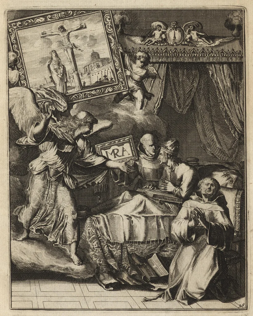 An illustration from Spiegel om wel te sterven : aanwyzende met prentverbeeldingen van het lyden onzes zaligmakers Jesu Christi : alles wat een zieke betaamt om gelukkig te sterven, volgens de woorden Philipp I, verse 21, 1694, leaf 106