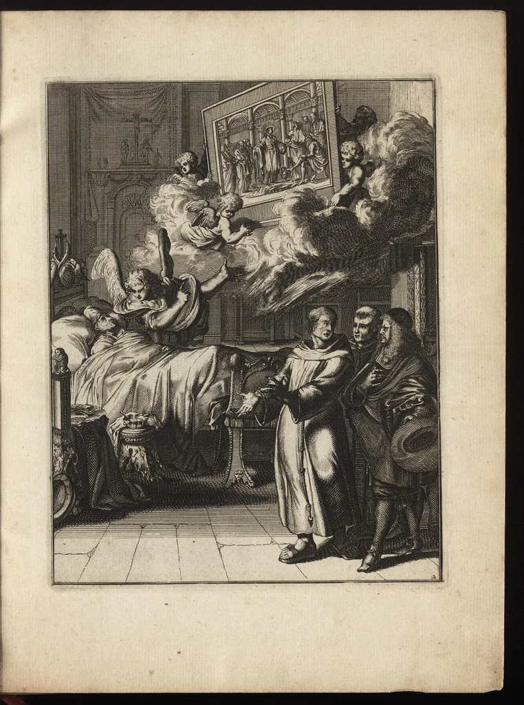 An illustration from Spiegel om wel te sterven : aanwyzende met prentverbeeldingen van het lyden onzes zaligmakers Jesu Christi : alles wat een zieke betaamt om gelukkig te sterven, volgens de woorden Philipp I, verse 21, 1694, leaf 14