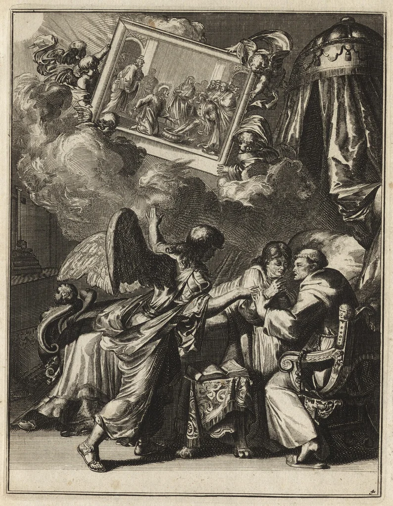 An illustration from Spiegel om wel te sterven : aanwyzende met prentverbeeldingen van het lyden onzes zaligmakers Jesu Christi : alles wat een zieke betaamt om gelukkig te sterven, volgens de woorden Philipp I, verse 21, 1694, leaf 20
