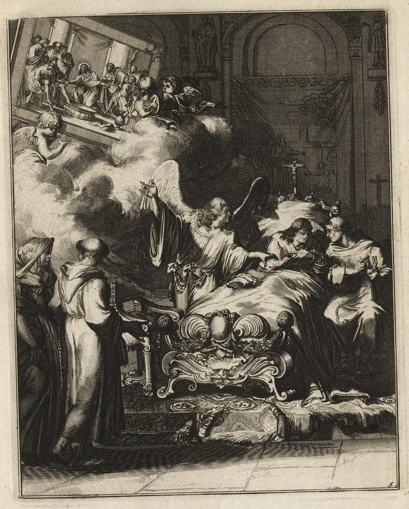 An illustration from Spiegel om wel te sterven : aanwyzende met prentverbeeldingen van het lyden onzes zaligmakers Jesu Christi : alles wat een zieke betaamt om gelukkig te sterven, volgens de woorden Philipp I, verse 21, 1694, leaf 22